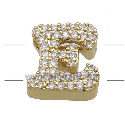 Copper Alphabet Beads Pave Zircon Letter-E 2holes Gold Plated