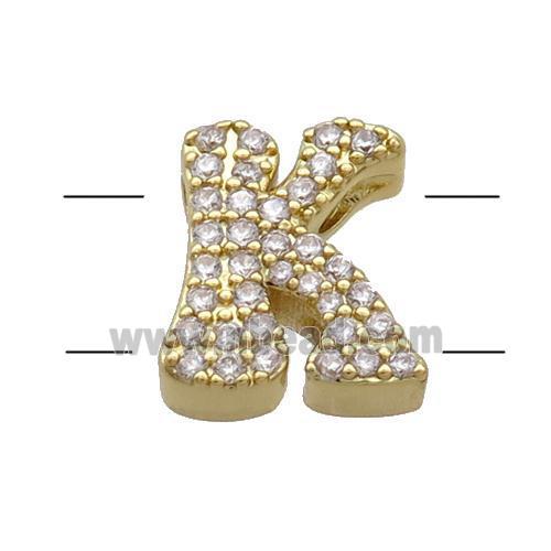 Copper Alphabet Beads Pave Zircon Letter-K 2holes Gold Plated