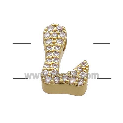 Copper Alphabet Beads Pave Zircon Letter-L 2holes Gold Plated