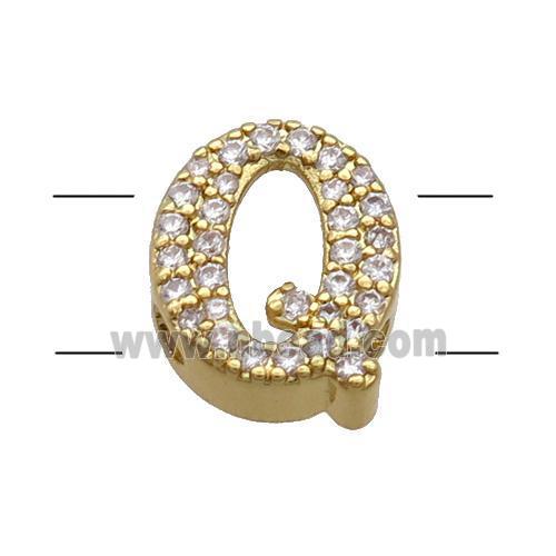 Copper Alphabet Beads Pave Zircon Letter-Q 2holes Gold Plated