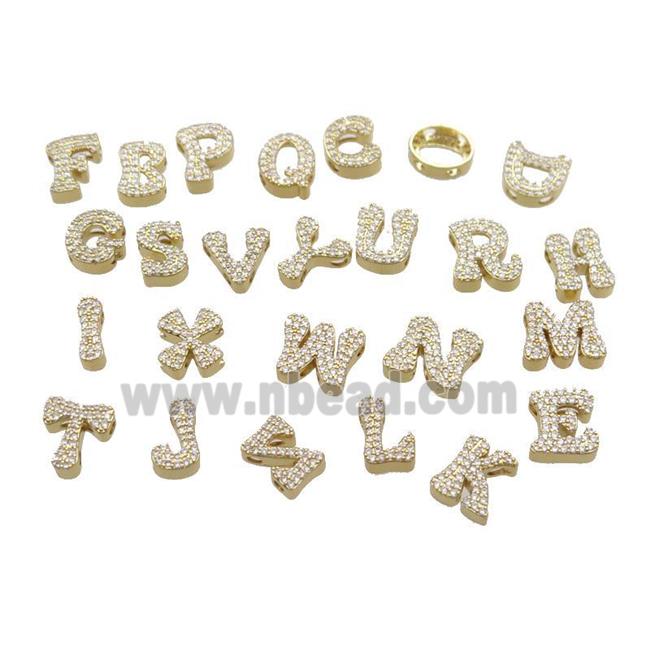 Copper Alphabet Beads Pave Zircon Mixed Letter-A 2holes Gold Plated