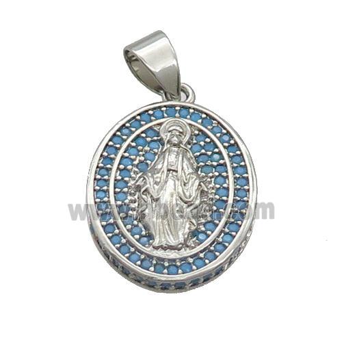 Copper Jesus Pendant Pave Turq Zircon Oval Platinum Plated