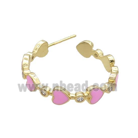 Copper Stud Earring Pink Enamel Heart Gold Plated