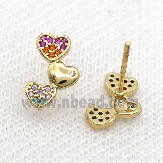 Copper Stud Earring Pave Zircon Heart Gold Plated