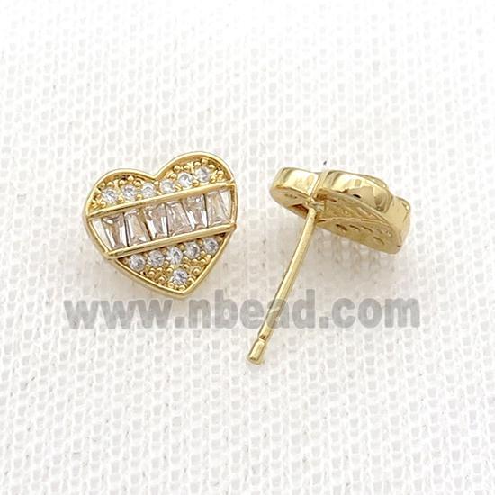 Copper Stud Earring Pave Zircon Heart Gold Plated