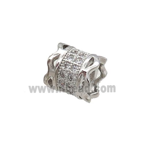 Copper Tube Beads Pave Zircon Large Hole Platinum Plated