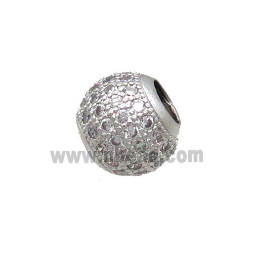 Copper Round Beads Pave Zircon Large Hole Platinum Plated