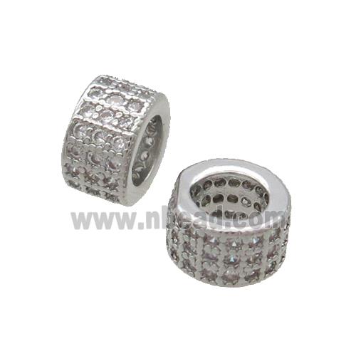 Copper Tube Beads Pave Zircon Large Hole Platinum Plated