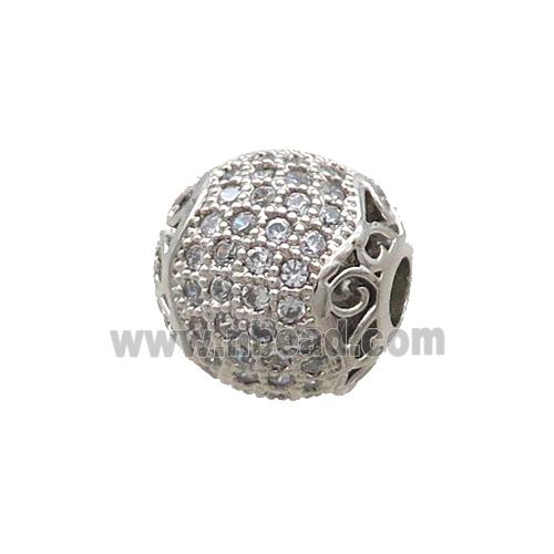 Copper Round Beads Pave Zircon Platinum Plated