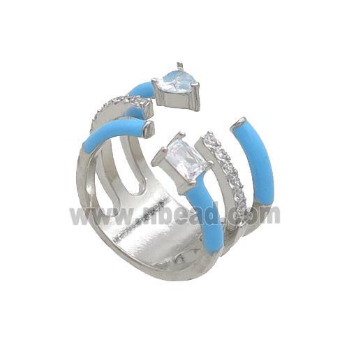 Copper Ring Pave Zircon Blue Enamel Platinum Plated