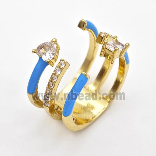 Copper Ring Pave Zircon Blue Enamel Gold Plated