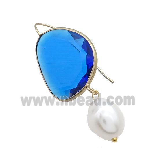 Copper Hook Earring With Pearlized Shell Blue Cat Eye Glass Gold Plated