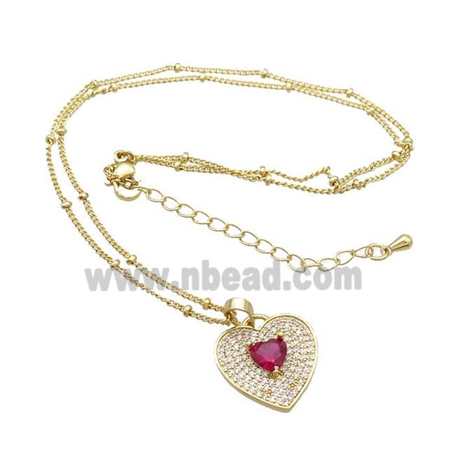 Copper Necklace With Heart Pave Zircon Red Gold Plated