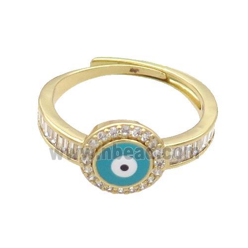 Copper Ring Pave Zircon Teal Enamel Evil Eye Adjustable Gold Plated