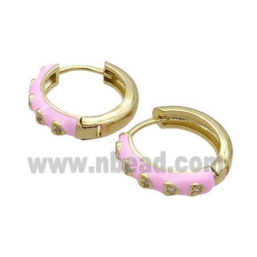 Copper Hoop Earring Pink Enamel Heart Gold Plated