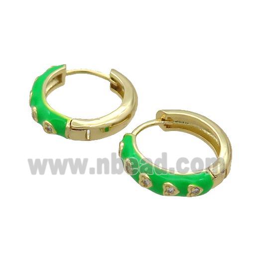 Copper Hoop Earring Green Enamel Heart Gold Plated