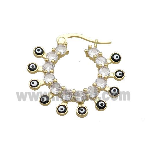 Copper Latchback Earring Pave Crystal Glass Black Enamel Evil Eye Gold Plated