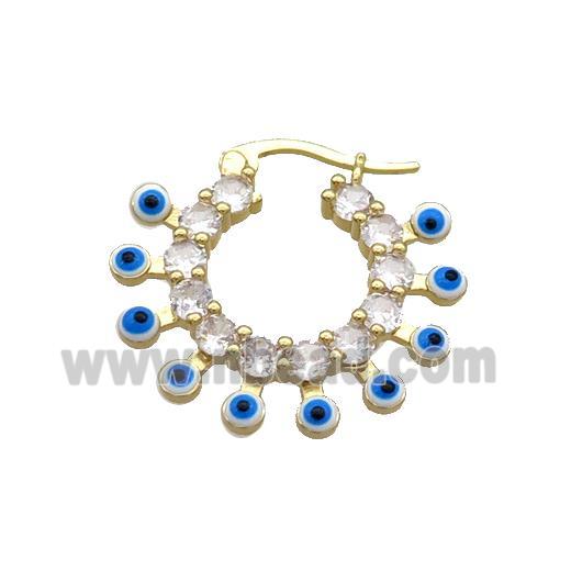 Copper Latchback Earring Pave Crystal Glass White Enamel Evil Eye Gold Plated