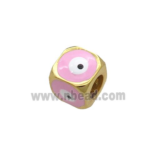 Copper Cube Beads Pink Enamel Evil Eye Large Hole Gold Plated