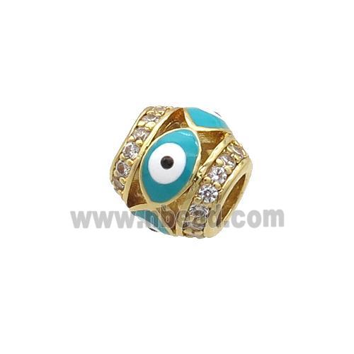 Copper Barrel Beads Pave Zircon Teal Enamel Evil Eye Large Hole Gold Plated