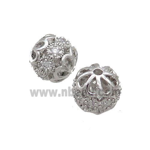 Round Copper Beads Pave Zircon Platinum Plated