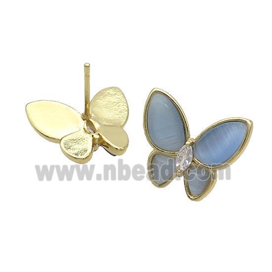 Copper Butterfly Stud Earring Pave Blue Catseye Gold Plated