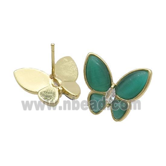 Copper Butterfly Stud Earring Pave Green Catseye Gold Plated