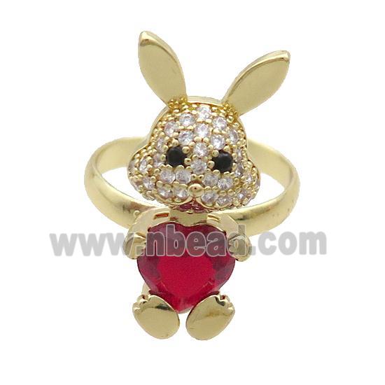 Copper Rabbit Ring Pave Zircon Red Crystal Adjustable Gold Plated