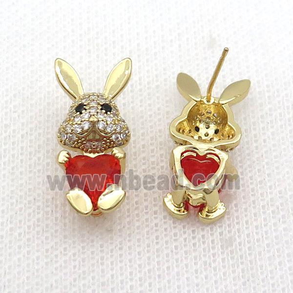 Copper Rabbit Stud Earring Pave Zircon Red Crystal Gold Plated