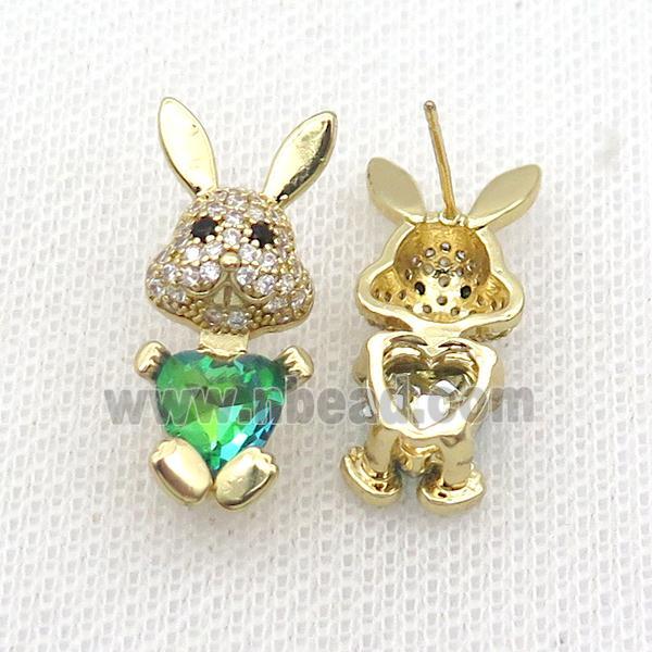 Copper Rabbit Stud Earring Pave Zircon Green Crystal Gold Plated