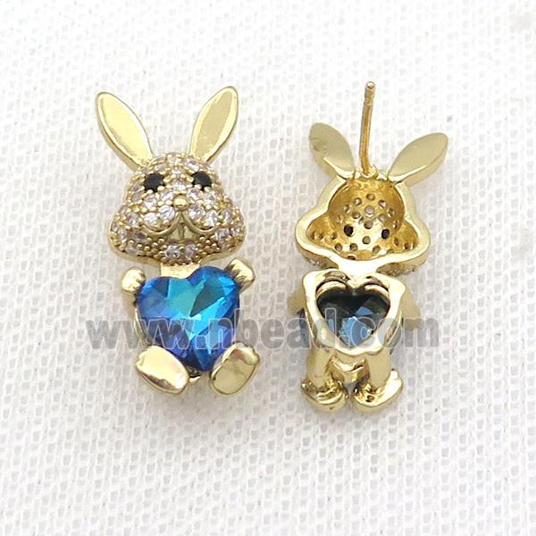 Copper Rabbit Stud Earring Pave Zircon Blue Crystal Gold Plated