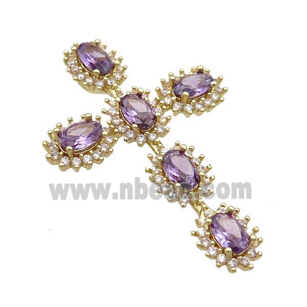 Copper Cross Pendant Pave Purple Crystal Glass Gold Plated