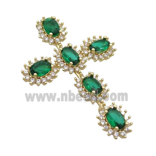 Copper Cross Pendant Pave Green Crystal Glass Gold Plated