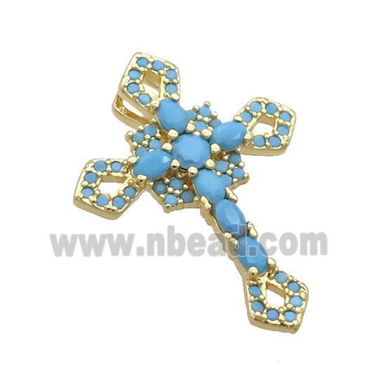 Copper Cross Pendant Pave Zircon Turq Gold Plated