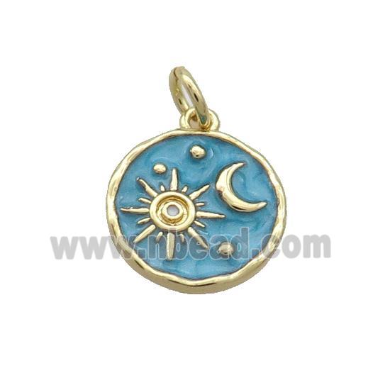 Copper Moon Sun Pendant Teal Enamel Circle Gold Plated