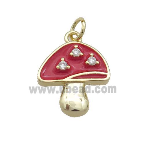 Copper Mushroom Pendant Pave Zircon Red Enamel Gold Plated