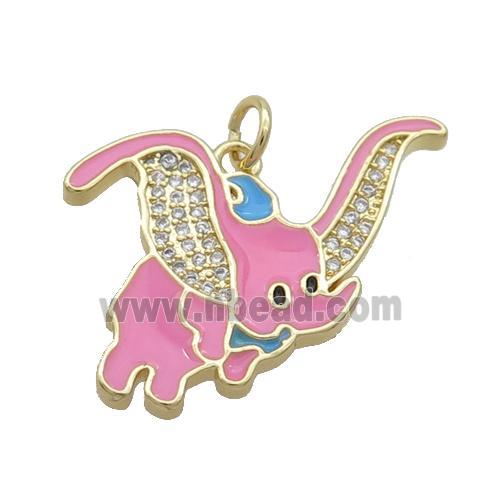 Copper Elephant Pendant Pave Zircon Pink Enamel Gold Plated