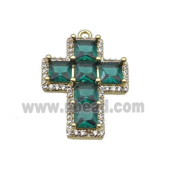 Copper Cross Pendant Pave Green Crystal Glass Gold Plated