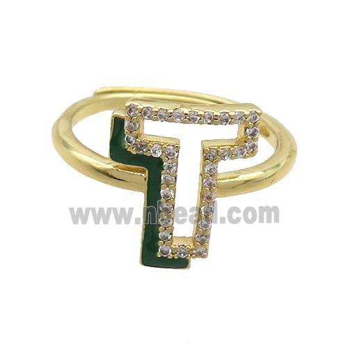 Copper Ring Pave Zircon T-Letter Adjustable Enamel Gold Plated