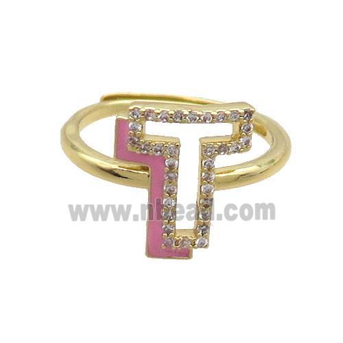 Copper Ring Pave Zircon T-Letter Adjustable Enamel Gold Plated