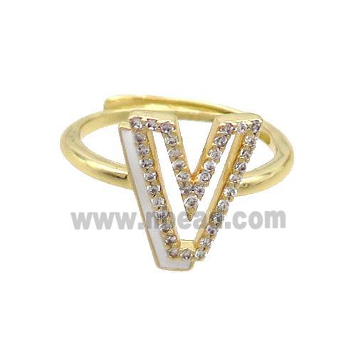 Copper Ring Pave Zircon V-Letter Adjustable Enamel Gold Plated