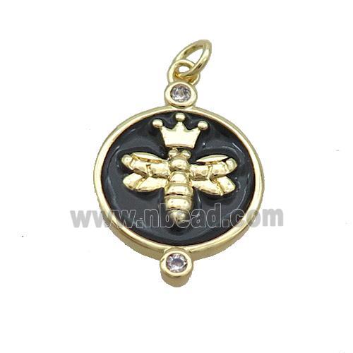 Copper Honeybee Pendant Circle Black Enamel Gold Plated