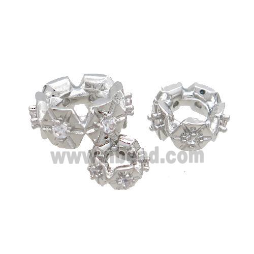 Copper Rondelle Beads Pave Zircon Large Hole Platinum Plated