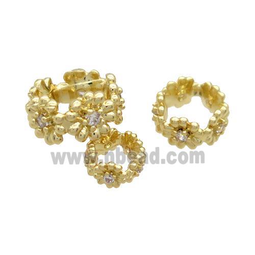 Copper Rondelle Beads Pave Zircon Large Hole Gold Plated