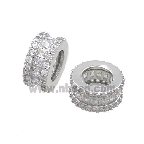 Copper Rondelle Beads Pave Zircon Large Hole Platinum Plated