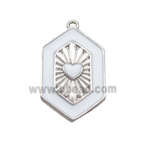 Copper Hexagon Pendant White Enamel Heart Platinum Plated
