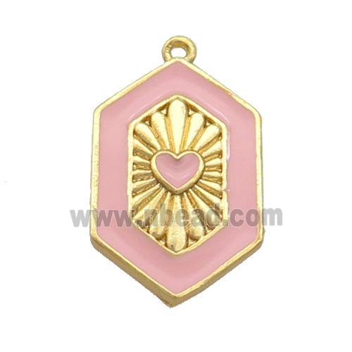 Copper Hexagon Pendant Pink Enamel Heart Gold Plated
