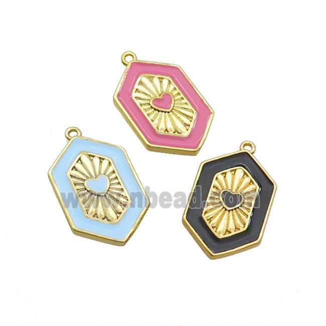 Copper Hexagon Pendant Enamel Heart Gold Plated Mixed