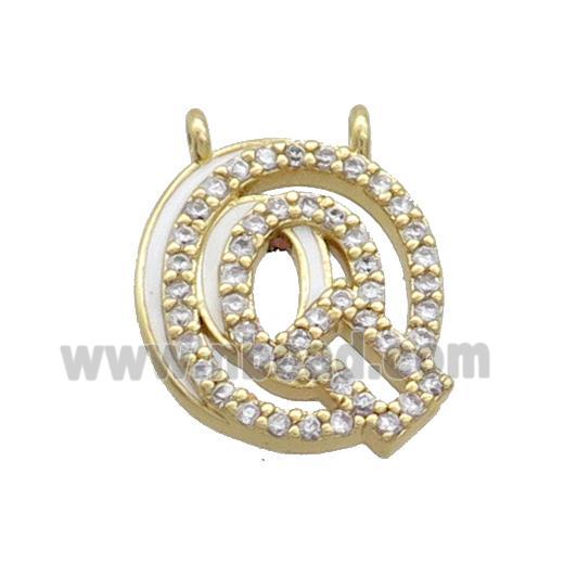 Copper Pendant Pave Zircon White Enamel Letter-Q 2loops Gold Plated