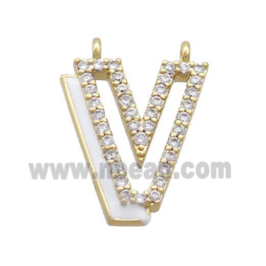 Copper Pendant Pave Zircon White Enamel Letter-V 2loops Gold Plated